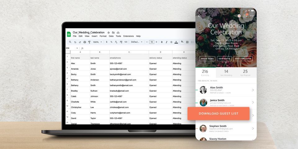 How do I download the guest list for my online wedding invitation?