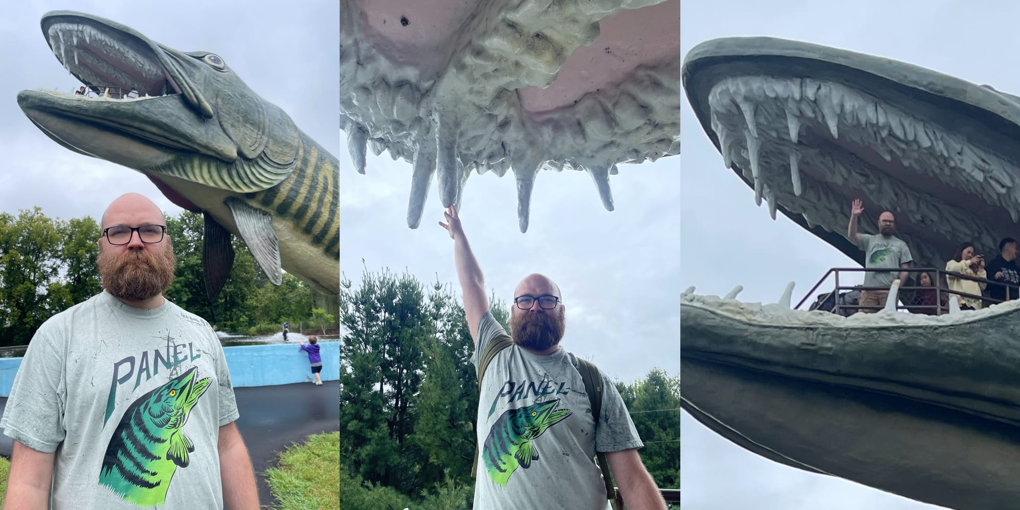 In front of the world’s largest muskie sculpture, inside the world’s largest muskie sculpture, and inside the world’s largest muskie sculpture from a distance