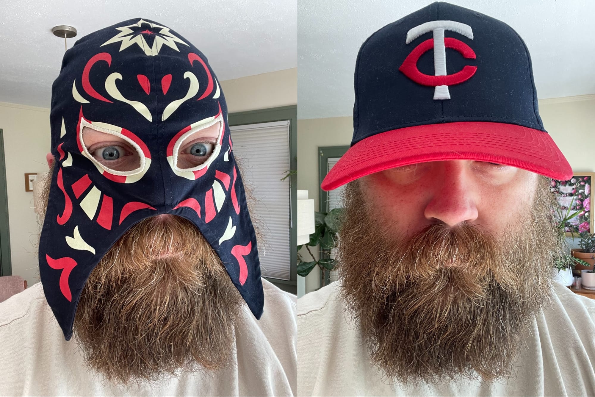 Evan Minsker wearing the Minnesota Twins / AEW Brawl in the Ballpark 2026 commemorative hat/lucha mask