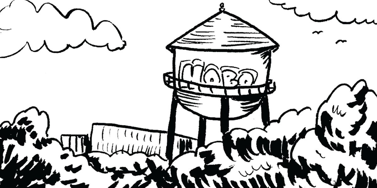 Athens, Georgia water tower and landscape, illustrated by Abby Kacen
