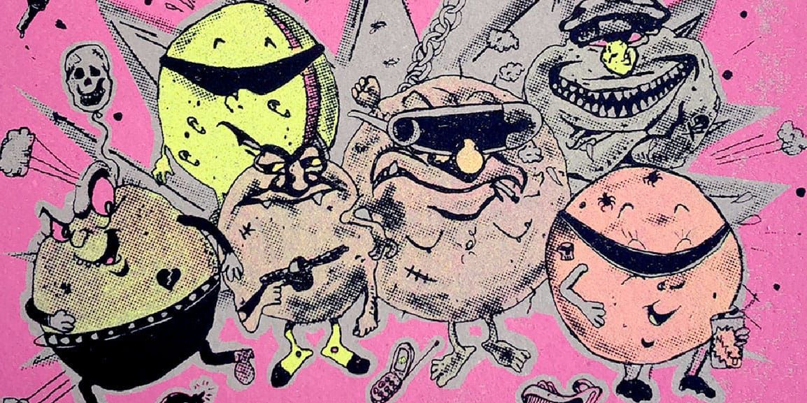 Artwork from Pura Manía’s La Banda Es la Ley depicting punk rock anthropomorphized fruits up to no good