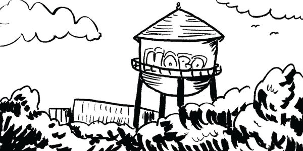 Athens, Georgia water tower and landscape, illustrated by Abby Kacen