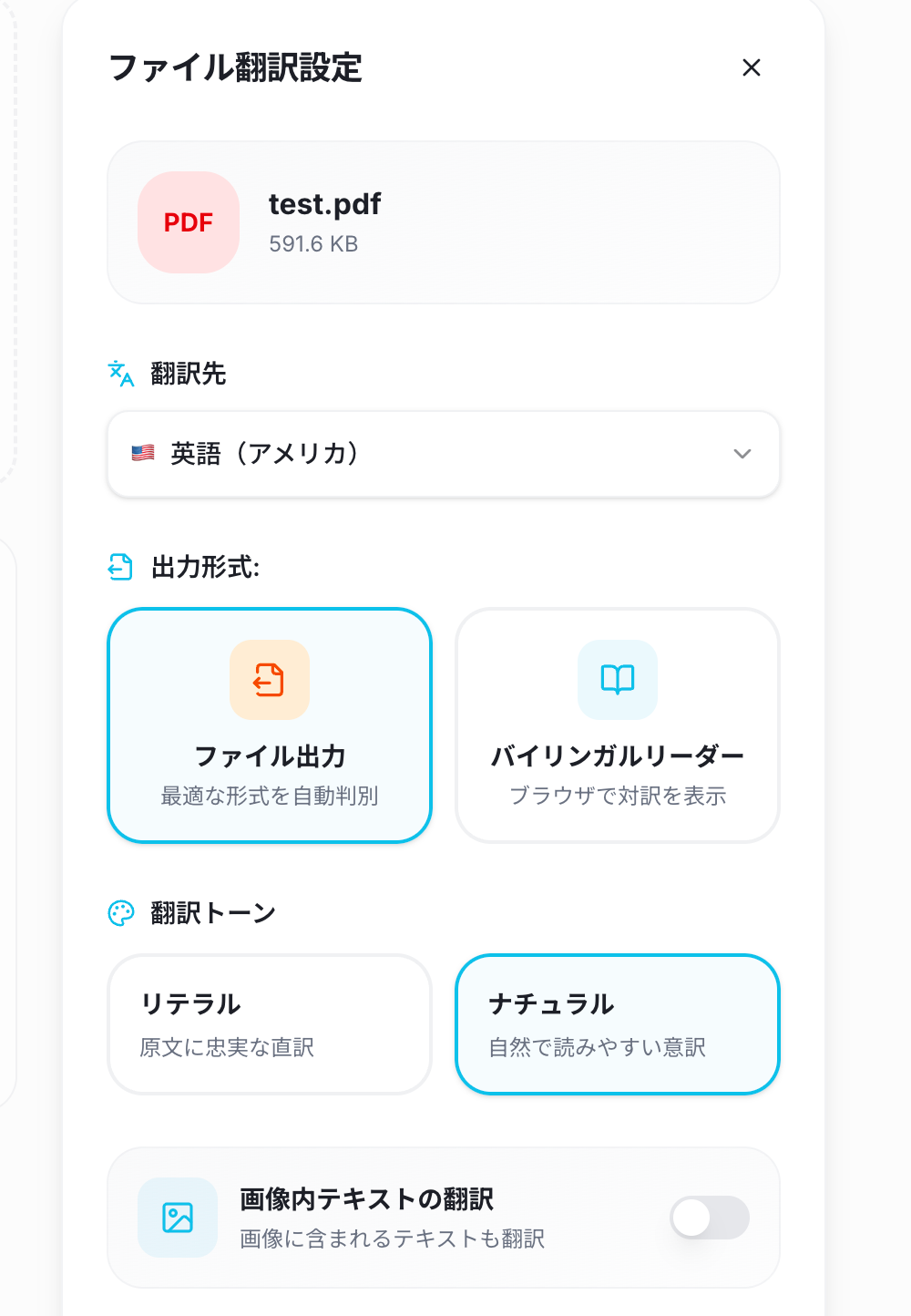 Blue One ファイル翻訳の出力形式選択画面