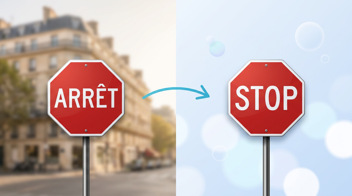 パリの街角の停止標識「ARRÊT」が「STOP」に翻訳される、画像翻訳のイメージ