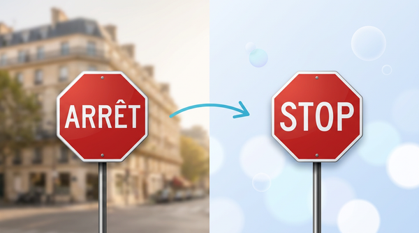 パリの街角の停止標識「ARRÊT」が「STOP」に翻訳される、画像翻訳のイメージ