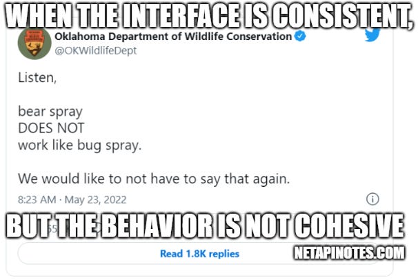 Picture of Tweet from the Oklahoma Department of Wildlife Conservation clarifying that bear spray does not work like bug spray. The caption is "when the interface is consistent, but the behavior is not cohesive". 