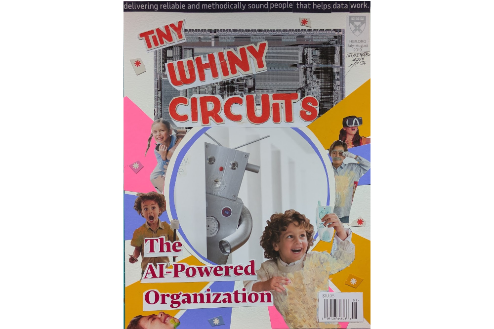 Reinbold, Matthew. Tiny, Whiny Circuits. 2026, colored paper, acrylic paint, Harvard Business Review magazine, Trader Joe's Tiny Fruity Cuties box