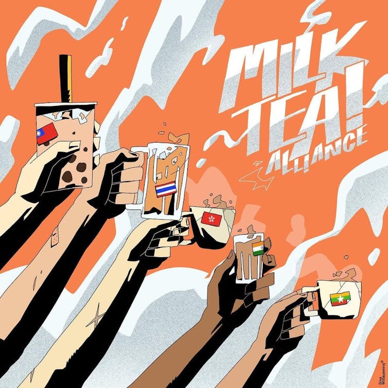 Graphic posters depicting arms aloft with cups of milky tea, symbolising dissent across south-east Asia.