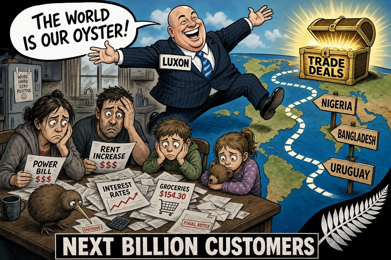Luxon Chases Nigerian Princes While Kiwis Struggle at Home