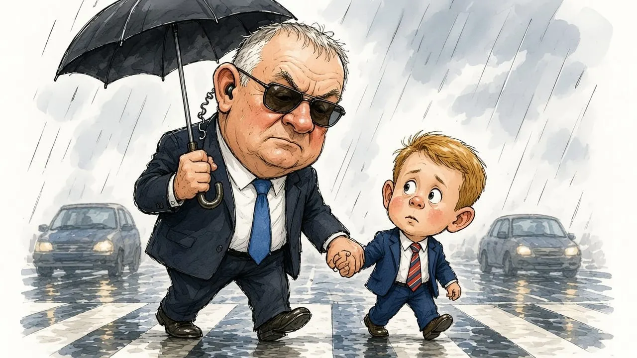 Cartoon: Trevor Mallard in dark glasses and an earpiece walks a small, anxious Chris Hipkins across a road by the hand, holding an umbrella in the rain.
