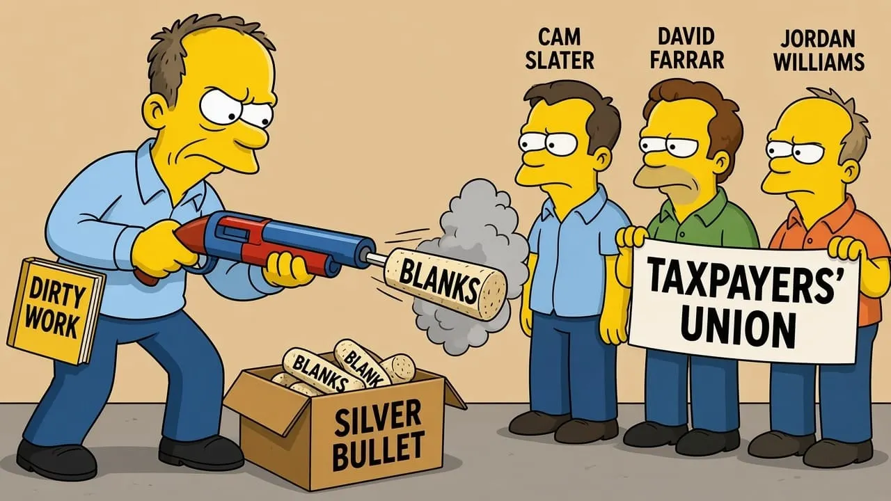 Grandpa Simpson style cartoon of Nicky Hager clutching Dirty Work, firing a BLANKS popgun cork from a SILVER BULLET box at Cam Slater, David Farrar and Jordan Williams, who look unbothered.