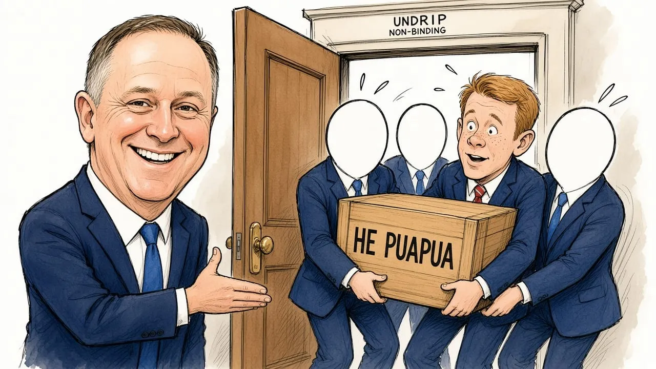 Cartoon: John Key holds open a door marked UNDRIP and NON-BINDING while Chris Hipkins and blank-faced aides carry a crate labelled HE PUAPUA through.