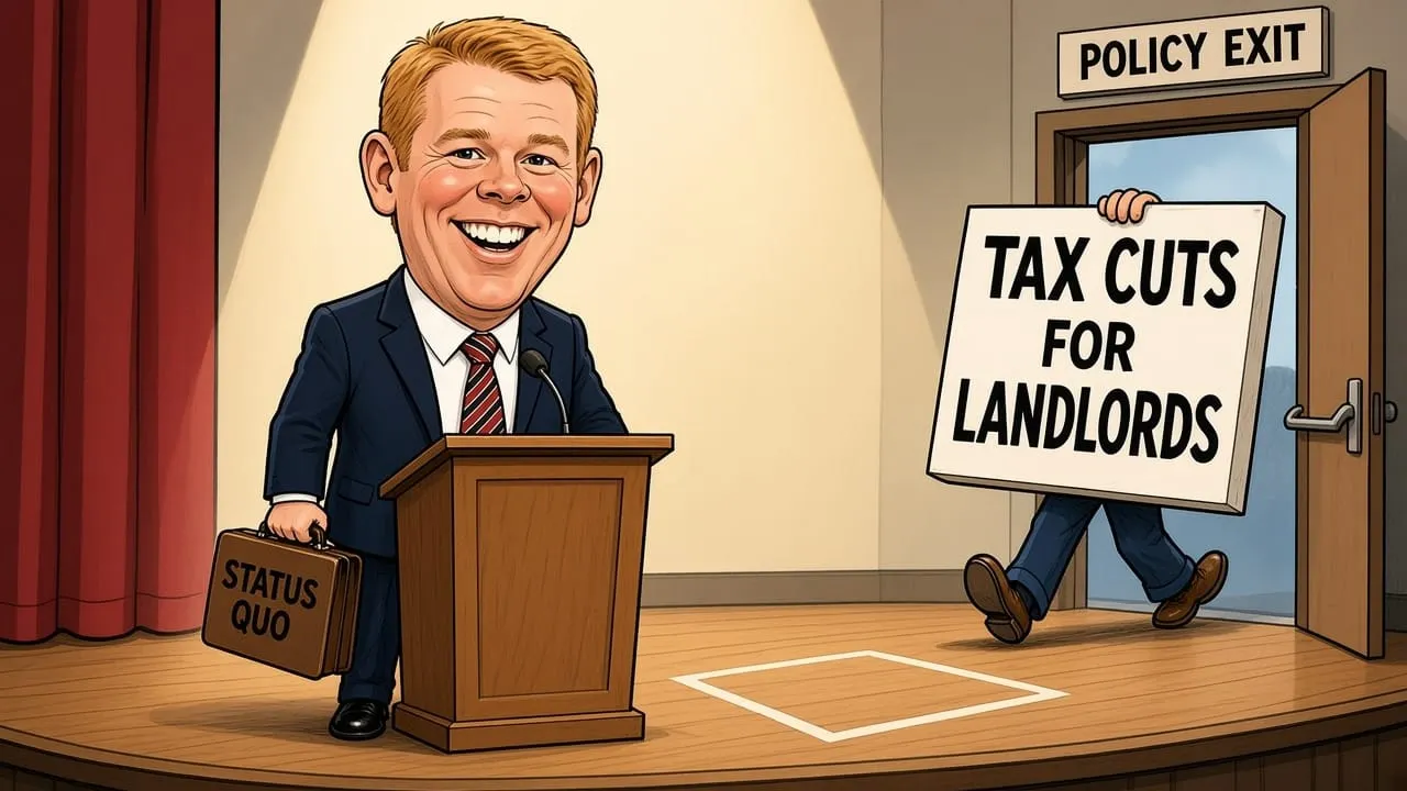 Chris Hipkins at a podium smiling with a STATUS QUO briefcase while a TAX CUTS FOR LANDLORDS placard is carried out a door marked POLICY EXIT.