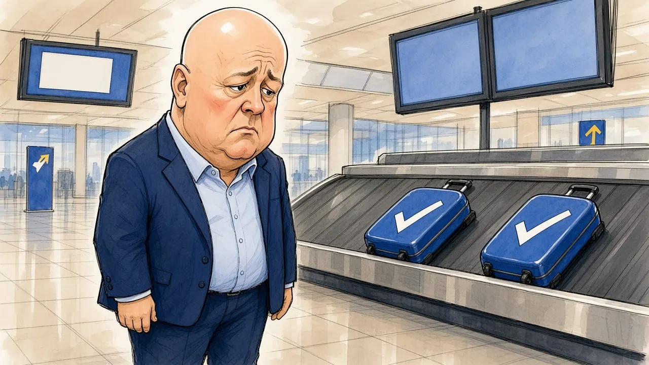 Cartoon: Christopher Luxon stands alone at an empty airport baggage carousel with no staff in sight, watching two blue suitcases marked with ticks go round.