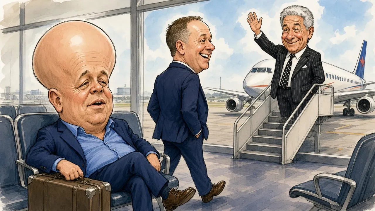 Cartoon: Christopher Luxon sits alone with his suitcase in an airport lounge as John Key walks away and Winston Peters waves cheerfully from the steps of a departing plane.
