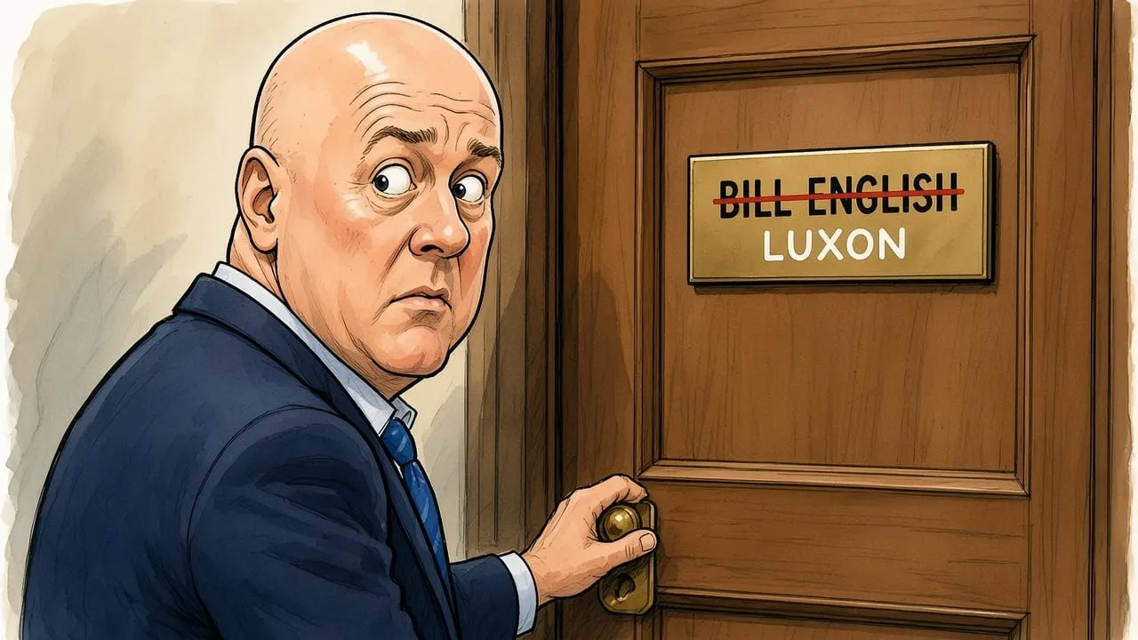 Cartoon: a wary Christopher Luxon grips the handle of an office door whose brass nameplate has BILL ENGLISH crossed out in red and LUXON written underneath.