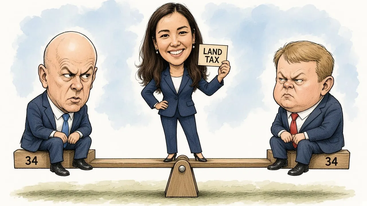Cartoon: Christopher Luxon and Chris Hipkins sit level on a seesaw marked 34 at each end while Qiulae Wong stands on the pivot holding up a card reading LAND TAX.
