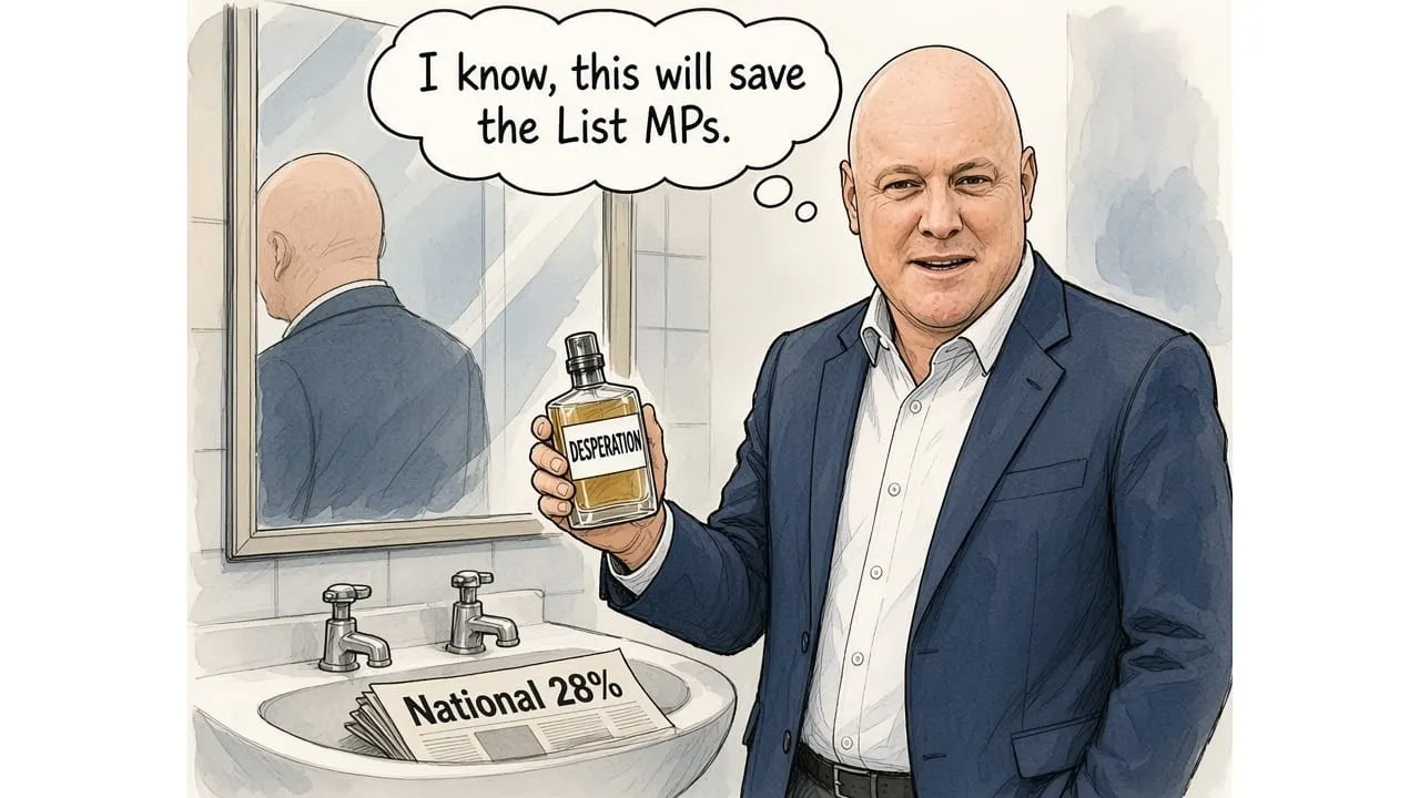 Cartoon: Christopher Luxon in a bathroom reaches for a bottle labelled Desperation beside a paper showing National 28 percent