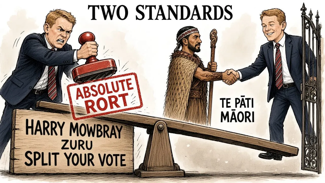 Cartoon: Chris Hipkins brands Split Your Vote an absolute rort on one side while leaving a Te Pati Maori pathway open on the other