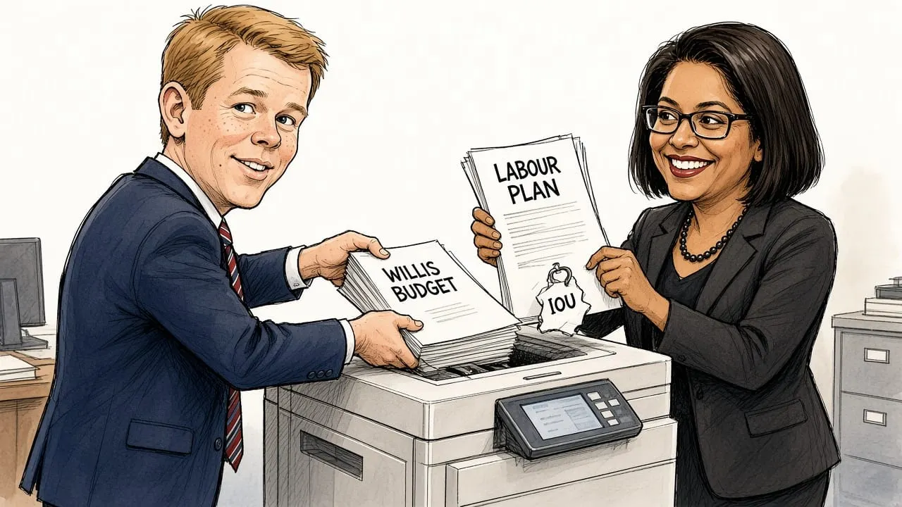 Cartoon: Chris Hipkins feeds a document labelled Willis Budget into a photocopier while Barbara Edmonds holds up the copy labelled Labour Plan, with an IOU note stapled to the back.