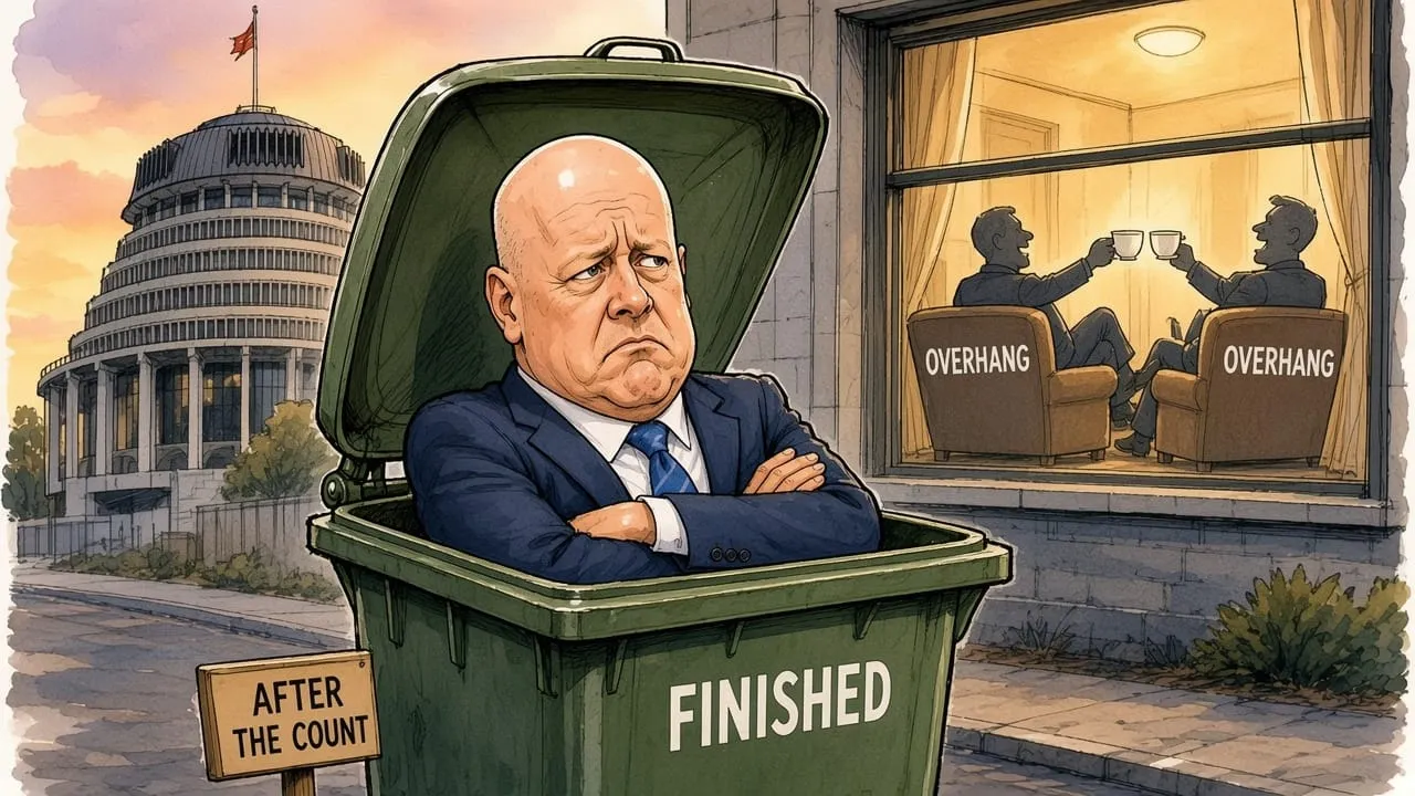 Cartoon: Christopher Luxon sulks in a wheelie bin labelled Finished outside the Beehive while two coalition figures toast with teacups in armchairs labelled Overhang.