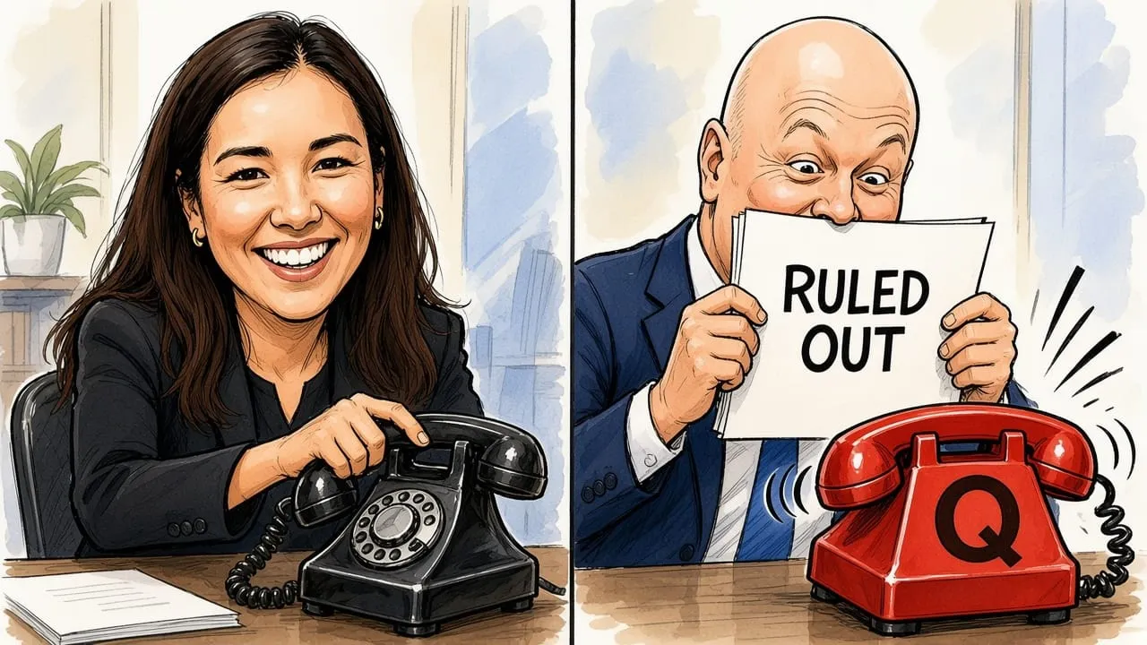 Cartoon: Qiulae Wong eagerly dials a phone while Christopher Luxon hides behind a memo reading Ruled Out and peeks sideways at a ringing red phone marked Q.