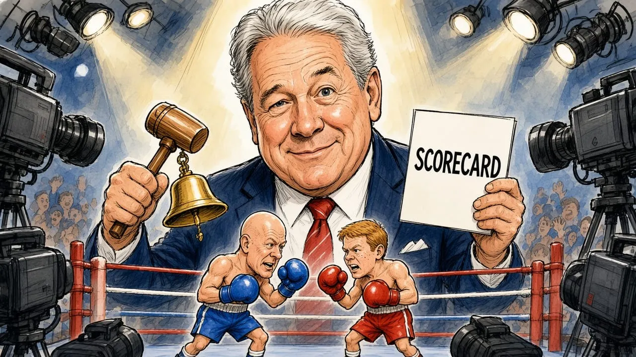 Cartoon: a giant Winston Peters looms over a TV studio boxing ring holding a bell and a scorecard while tiny Christopher Luxon and Chris Hipkins square off below.