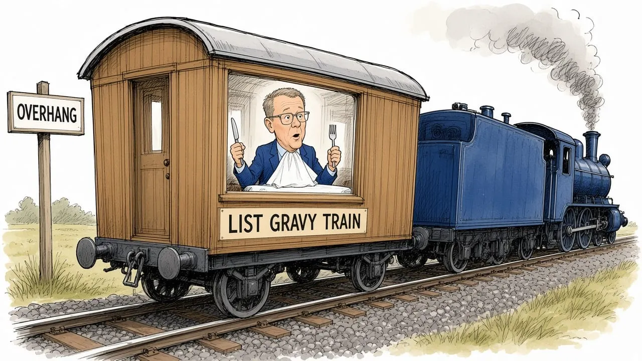 Cartoon: Goldsmith's gravy train dining car being uncoupled