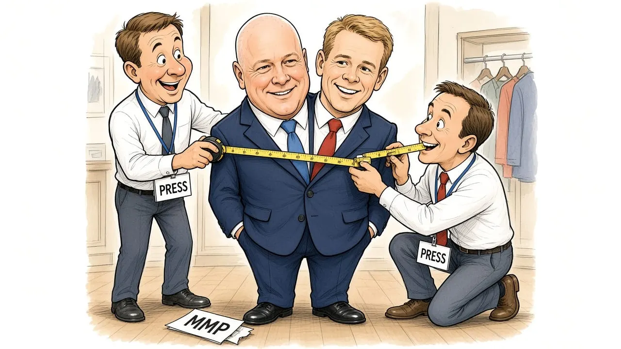 Cartoon: Christopher Luxon and Chris Hipkins share one cosy navy suit while two press gallery tailors measure the fit, with a torn MMP ballot lying on the floor.