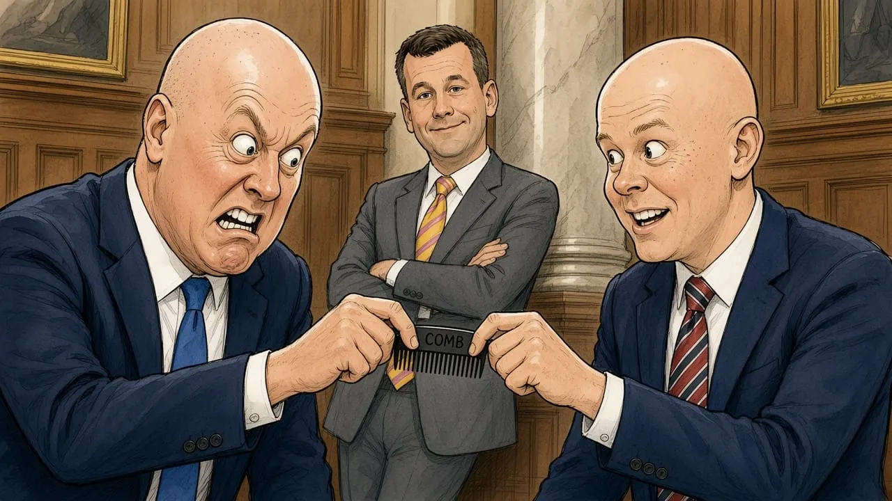 Cartoon: Christopher Luxon and a bald Chris Hipkins tug over a single comb in a parliamentary lobby while David Seymour leans on a pillar, arms folded, smirking.