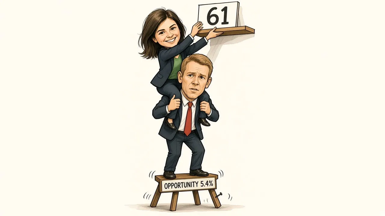 Cartoon: Chlöe Swarbrick on Chris Hipkins' shoulders reaches for a 61 sign on a high shelf, while he wobbles on a rickety stool labelled OPPORTUNITY 5.4%.