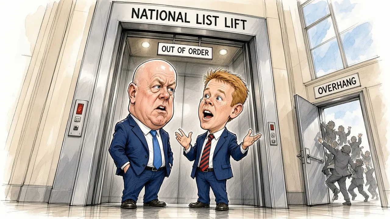 Cartoon: Christopher Luxon and Chris Hipkins stand glum at a National List Lift marked Out of Order while anonymous figures scramble through an Overhang door.