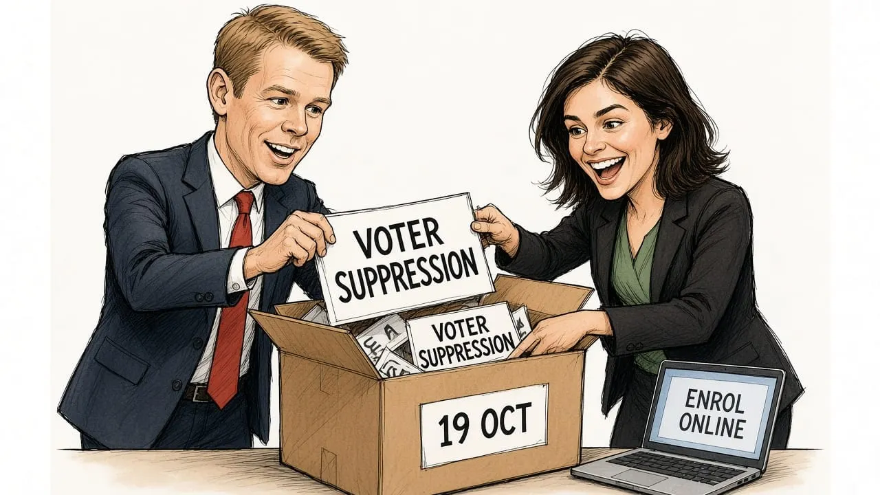 Cartoon: a gleeful Chris Hipkins and Chlöe Swarbrick unpack a box dated 19 OCT full of VOTER SUPPRESSION placards, ignoring a laptop beside them reading ENROL ONLINE.