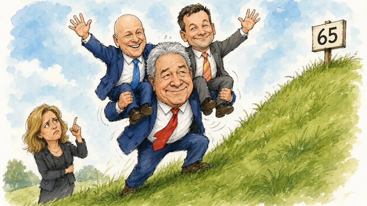 Cartoon: Winston Peters carries Christopher Luxon and David Seymour up a hill toward a sign reading 65, while Nicola Willis follows behind wagging a finger.