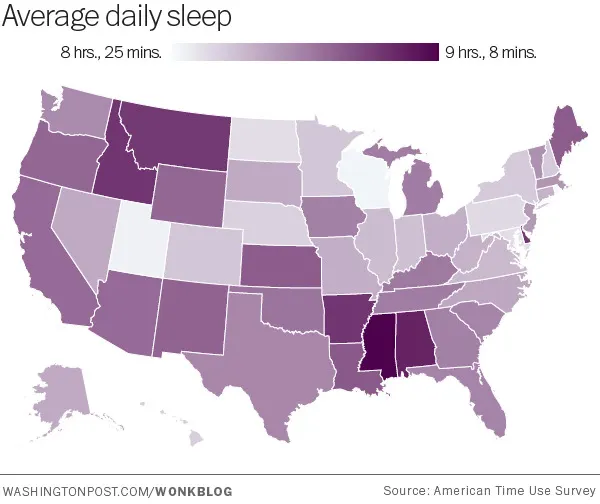 Map of the Day: Average Daily Sleep in the US