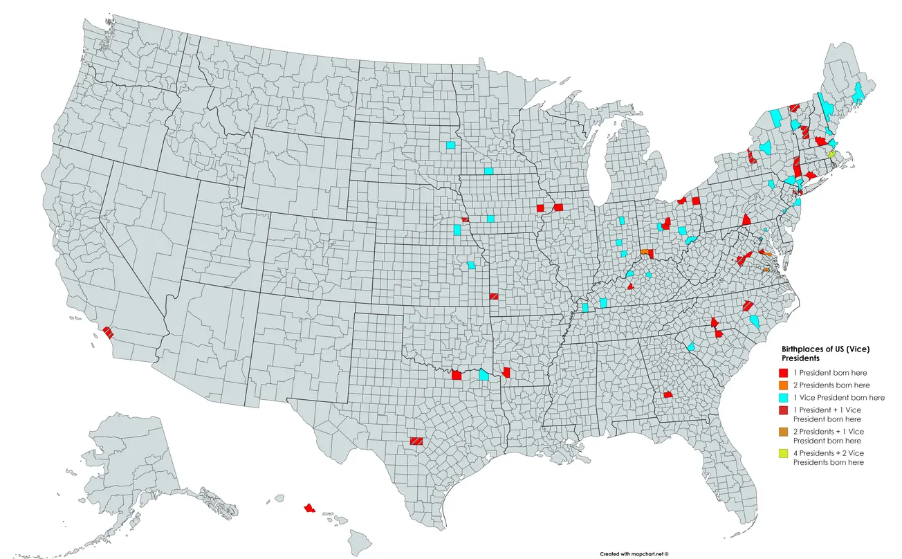 Map of the Day: Birthplaces of US Presidents & Vice Presidents