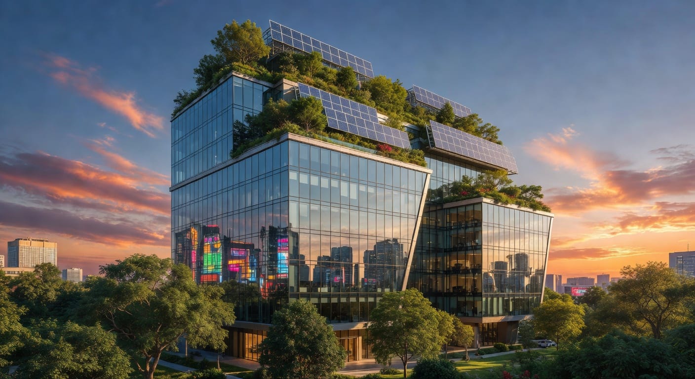 A futuristic, photorealistic rendering of a modern office building with green roofs, solar panels, and large glass facades reflecting a vibrant cityscape at sunset, surrounded by lush trees and a clear blue sky.