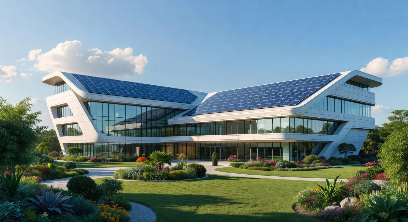 Een modern ziekenhuis met zonnepanelen en groene tuinen als symbool van duurzaamheid.
