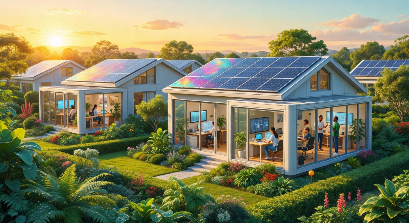 A futuristic suburban neighborhood at sunrise, showcasing energy-neutral homes with solar panels on rooftops, lush green gardens, and modular home office extensions, with people visible through windows working from home, painted in a vibrant, optimistic style.