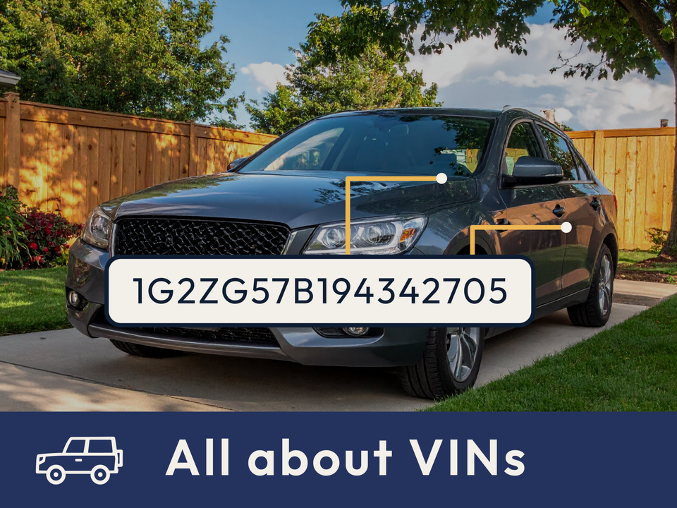 Image of a vehicle parked in a driveway, showing two places a VIN is usually located.