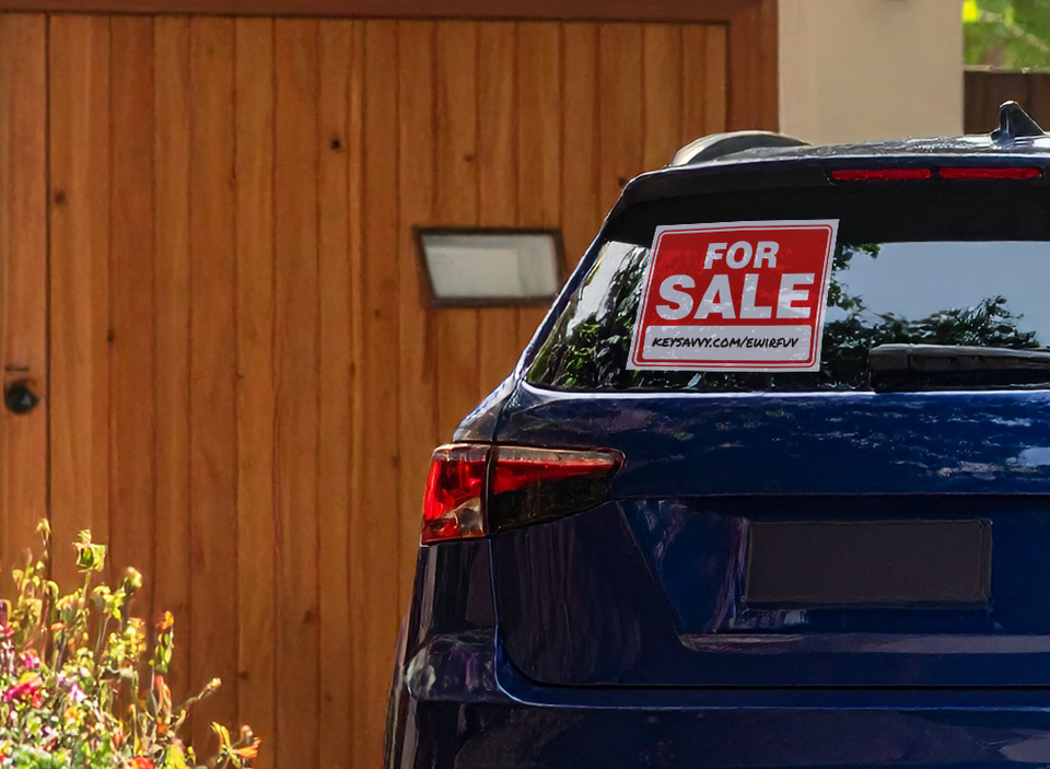 Car parked in driveway with a for sale sign.