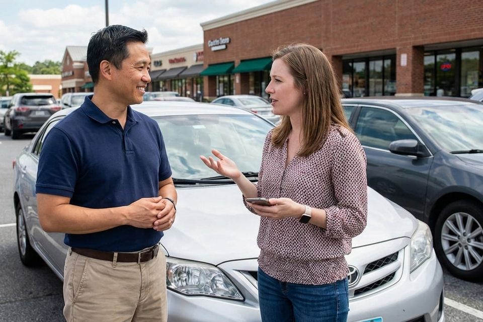 Two people calmy negotiating the price of a car.