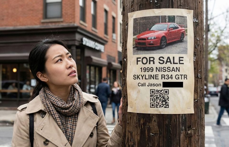 Woman looking at an ad for a JDM car for sale.