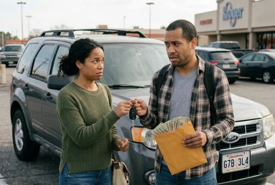 Two people nervously exchange cash and keys during a private car sale.