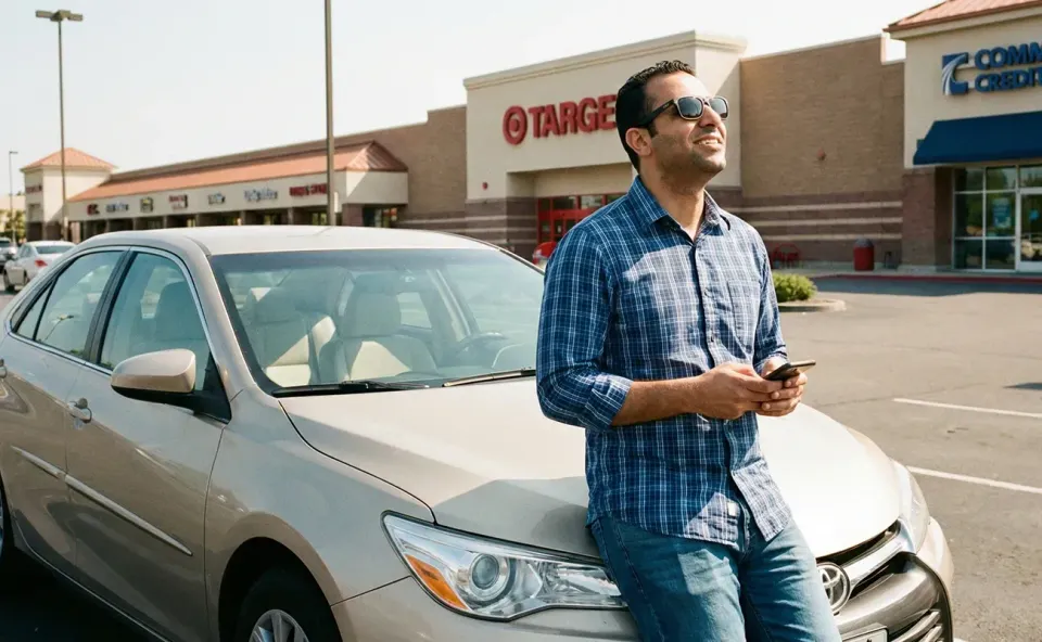 Seller waiting in a parking lot for a buyer.