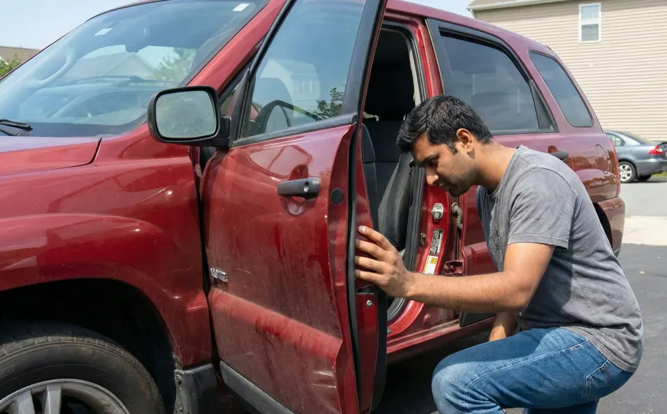 Man looking for the VIN in the door jamb of his vehicle.