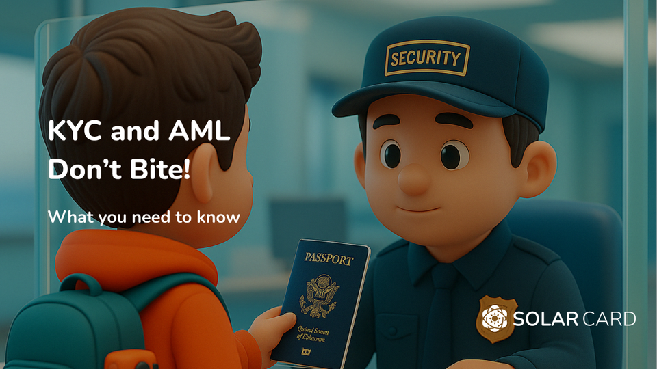 3D cartoon boy hands passport to airport security officer behind glass, representing KYC identity verification for financial services.