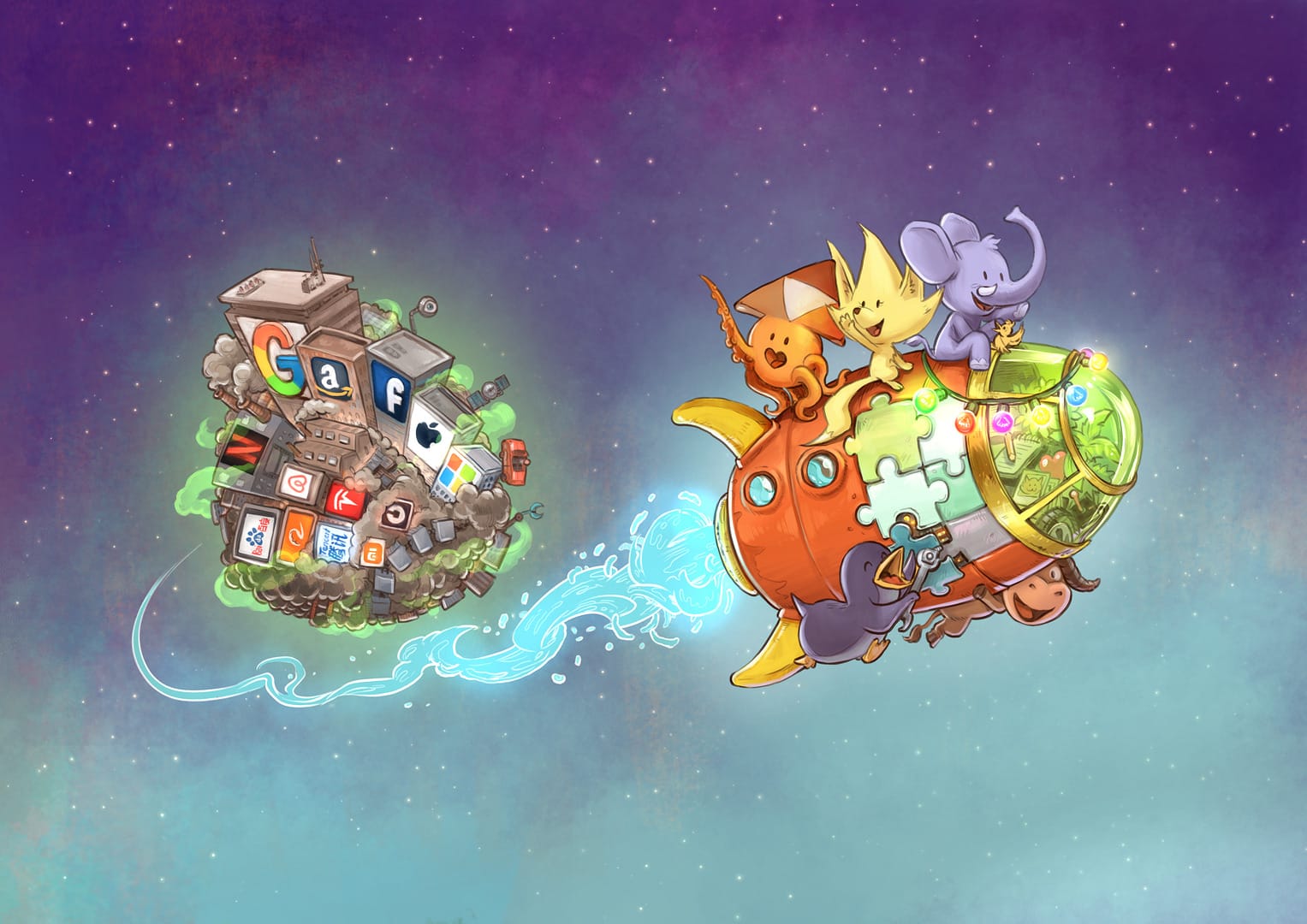 Digital illustration of happy characters on a spaceship leaving a dying planet. On the spaceship are the Fediverse and Open web players, on the planet are the big tech corporations. 