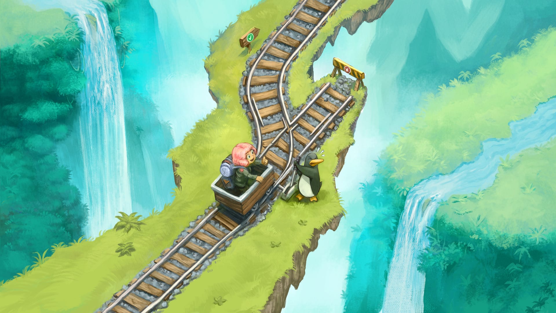Digital cartoon-style illustration of a rail path heading to the void, and a switch allowing to change track and continue on the right direction. A penguin is pulling the handle to allow the wagon to change track, where a pink-hair girl is smiling at it. 
