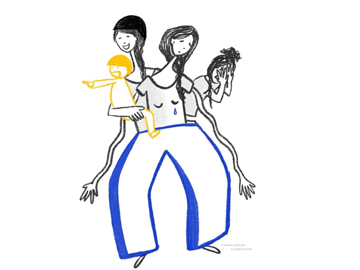 Editorial digital illustration of a multitasking mother. She laughs, feels desperate, and feels falling apart.